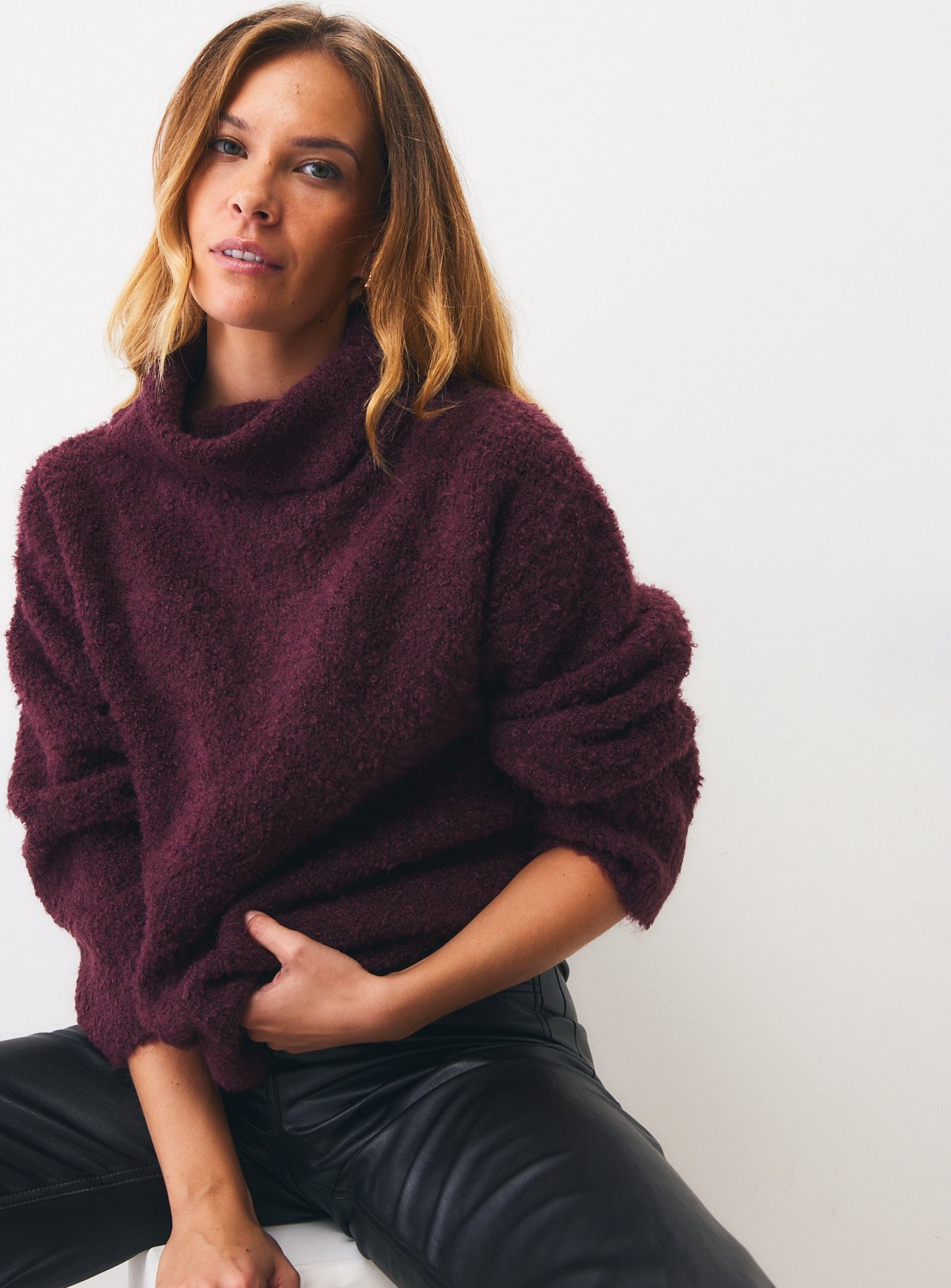 Dark Red Boucle Roll Neck Sweater XS - Image 1 thumbnail